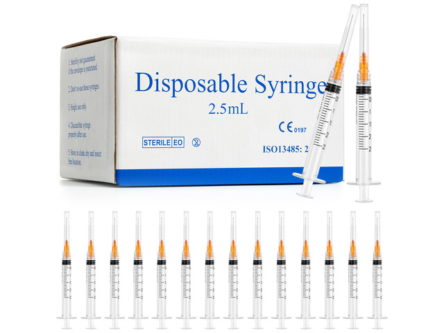 100 Pack 2.5ml Syringes with Needle - 25G 1 inch Disposable 2.5cc Luer Lock Syringe for Scientific Lab Use, Sterile Individually Wrapped