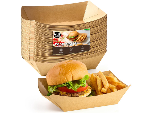 50 Pack 4 LB Large Paper Food Trays Disposable, Kraft Paper, Nacho Trays, Food Boats, Party Serving Basket, For Nachos Sandwiches Burgers Popcorns...