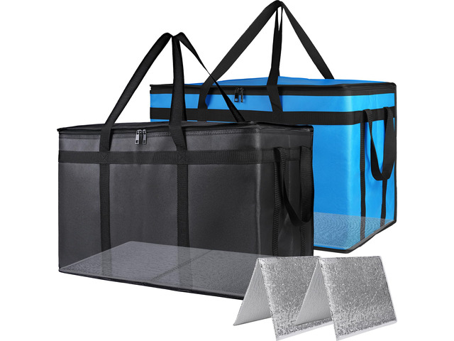 Cooler Insulated Food Delivery Bag with Bottom, 3XL, Black-Blue, 2PK Thermal Bags for Catering/Hot Pizza, Travel/Camping/Picnic Basket, Grocery...