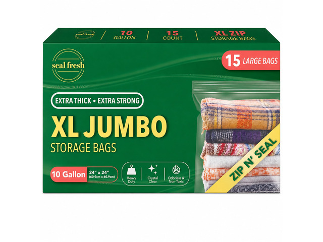 10 Gallon Large Plastic Storage Bags 24' x 24' (15 Count) Reusable XXL Extra Large Clear Jumbo Zip Bags with Sealable Zipper Top For Clothes,...