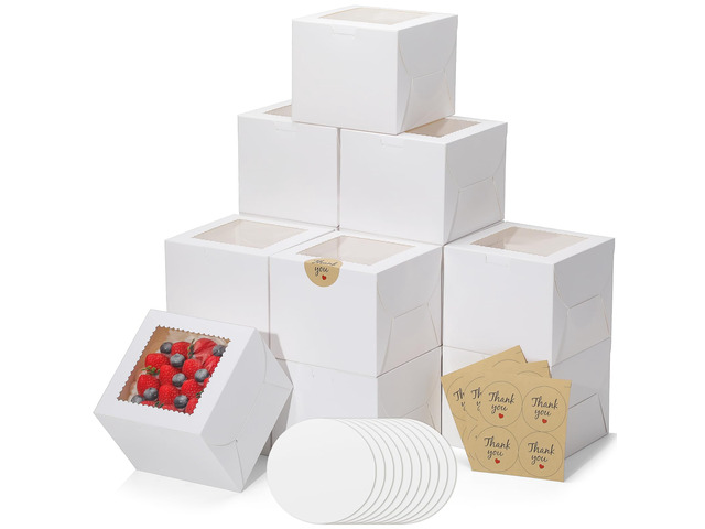 24Pack 6 inch Small Cake Boxes with Cake Board and Stickers Mini White Bento Cake Box for Small Cakes, Cookies, Birthday, Party, Wedding, Mother's...
