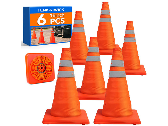 18 Inch 6 Pack Traffic Cones,Collapsible Safety Cones,Multi Purpose Pop-up Cones with Reflective Collar,Orange Cones for Parking lot, Driveway,...