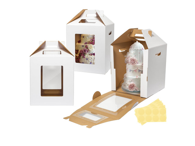 3 Pack Tall Cake Boxes for Tier Cakes 16x16x18 Inch with Window Large Tierd Bakery Take Out Transport Container with Handle, Disposable Layer...