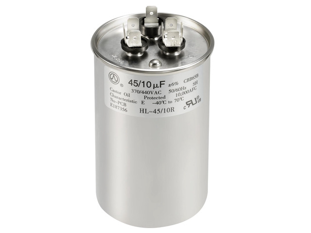 AC Capacitor 45+10 uF 45/10 MFD ±6% 370V/440VAC CBB65 Dual Run Circular Start Capacitor for Heat Pump Air ConditionerTen Years of Coverage