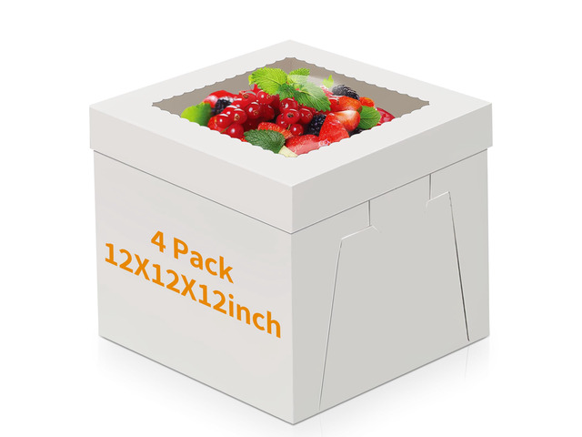Cake Boxes 12 inch, Cake Carrier Holder, Storage Transport Container 12×12×12 in, 4 Pcs, Thick Cardboard, Tall and Large, with Clear Window, Easy...
