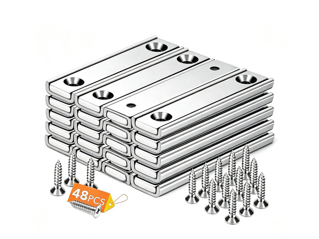 Magnets Strips,80 LBS 24 Packs Countersunk Hole Magnet with Screws Silver Heavy Duty Magnetic Plate with Rare Earth Neodymium for Cabinet Bar Flat...