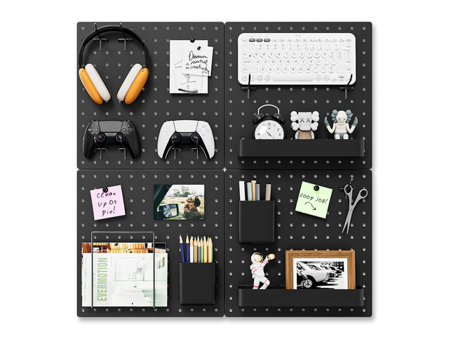 Modular Plastic Pegboard Wall Organizer Kit, Black, 12x12, 4 Panels ABS material, wall mount storage kit, includes hooks and shelves, drill free or...