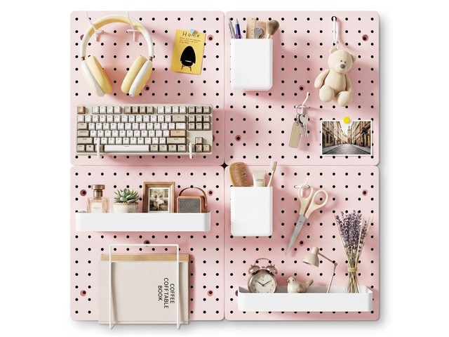 Modular Plastic Pegboard Wall Organizer Kit, Pink, 12x12, 4 Panels ABS material, wall mount storage kit, includes hooks and shelves, drill free or...