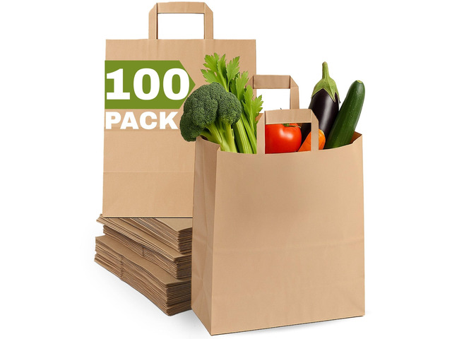 Large Brown Paper Bags with Handles Bulk - 100 Pcs 12x7x14 Paper Grocery Bags, Kraft Shopping Bags with handle for Recycling, Delivery, Take Out,...