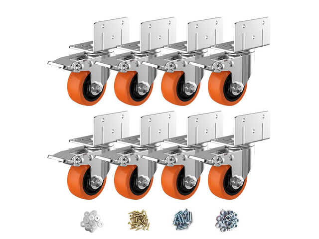 3' L-Shaped Caster Wheels Set of 8, Side Mount Swivel Casters With Brake, Polyurethane Wheels, Non-Marking. 360Â° Double Ball Bearing. For...