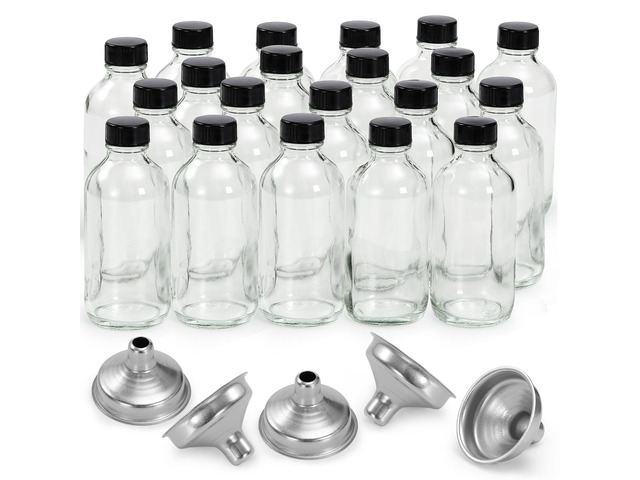20 Pack, 4 oz Small Clear Glass Bottles with Lids & 5 Stainless Steel Funnels - 120ml Boston Sample Bottles for Potion, Juice, Wellness, Ginger...