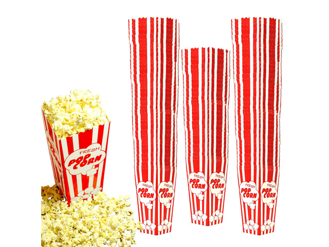 110 Tall Movie Night Paper Popcorn Boxes Nostalgic Red White Stripe Large buckets hold 46oz, stand 7.75 inches, with vintage, old-fashioned retro...