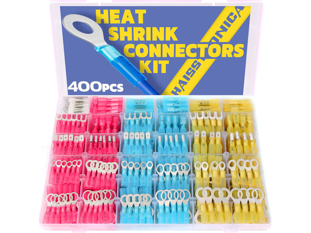 400PCS Heat Shrink Wire Connectors, 26-10 AWG, 4Colors/31Sizes Marine Grade Ring, Fork, Spade, Bullet & Butt Terminals, Multiple Automotive & Boat...