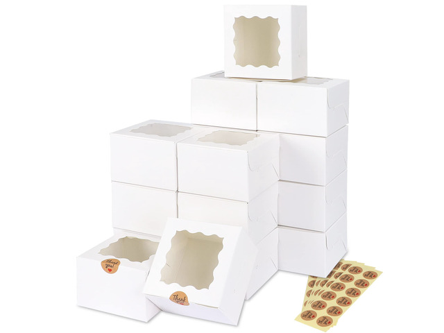 50pcs Small Cookie Boxes with Window, 4x4x2.5In White Bakery Boxes Food-grade Treat Boxes with 5pcs Stickers for Small Cookies, Treats, Desserts,...