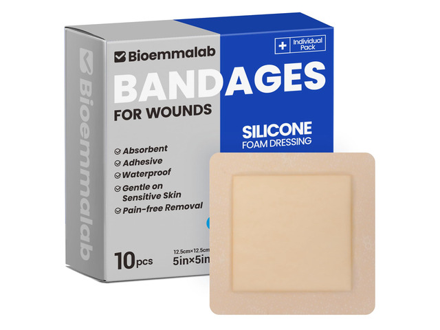 Large Waterproof Bandages 5x5 Silicone Foam Dressing Sensitive Skin, 10 PCS Wound Dressing, Adhesive Cohesive Pad with Border, First Aid,...