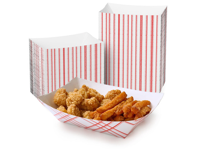 250 Pack 3lb Paper Food Tray Red, Disposable Paper Boat for Nacho Food Holder Trays, Serving Boats for Taco Hot Dog Snack Fries Dessert Popcorn Sauce