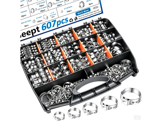 607Pcs 22 Sizes Single Ear Hose Clamps with Pliers 5.3-33.1mm 304 Stainless Steel Crimp Hose Clamps Assortment Kit Perfect for Automotive/Home...