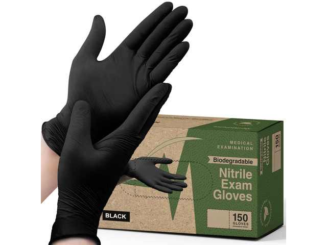 [150 Count] Biodegradable Gloves - Black Nitrile Disposable Gloves - Medical Exam and Food Safe - Latex Free