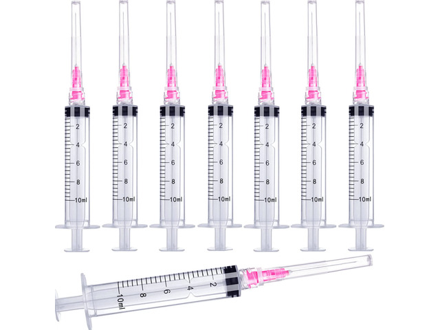 100 Pack 10ml/cc Plastic Luer Lock Syringa with 18Ga and Cap, Individually Sealed Wrapped, for Scientific Labs, Measuring Liquid, Refilling...