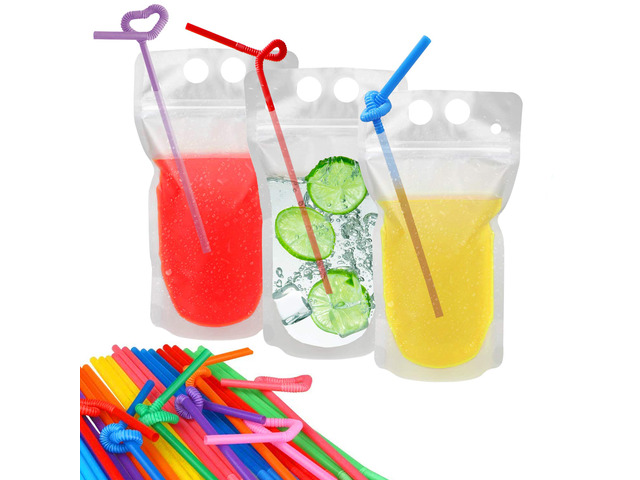 100 Pcs Drink Pouches with 100 Straw Holes Freezable Juice Pouches Translucent Reclosable Zipper Plastic Pouche Drink Bags for Cold & Hot Drinks...