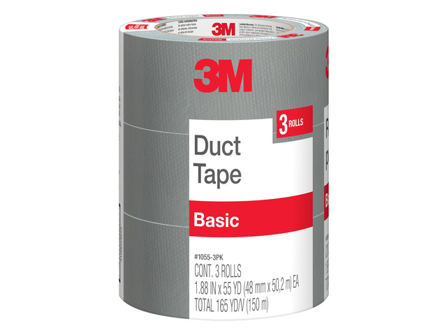 Basic Duct Tape, 1.88 in x 55 yd, 3 Rolls Hand Tear Silver Duct Tape for Temporary Repairs, Indoor Use, Great for Bundle, Patch, Protect & Repair...