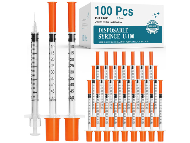 U-100 0.5ml syringes with 30G needle - 30 gauge 5/16 inch syringe, 100Pack scale in 50 units, 0.5 ml / 0.5cc lab syringes, Pack of 100