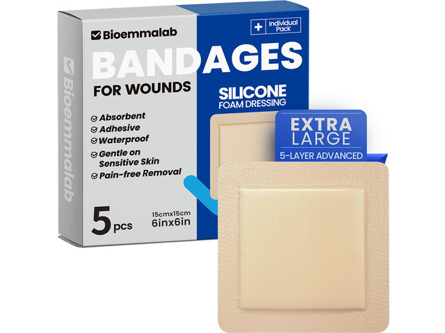 Large Waterproof Bandages 6x6 Silicone Foam Dressing Sensitive Skin, 5 PCS Wound Dressing, Adhesive Cohesive Pad with Border, First Aid,...