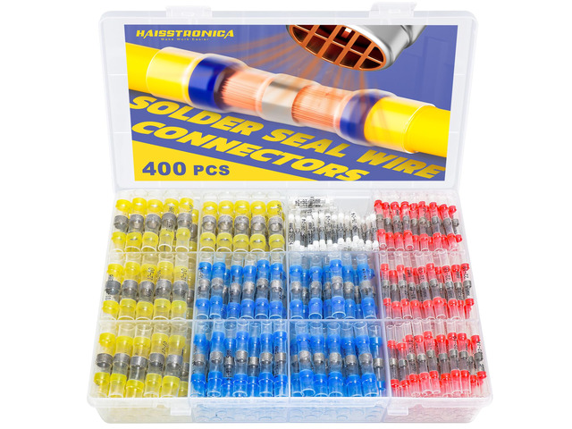 400PCS Solder Seal Wire Connectors Kit, 4 Colors/4 Sizes 26-10 AWG, Wire Gauge Markings, Clear Sleeves, Hot-Melt Adhesive Rings, Compartment...