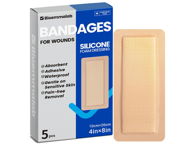 Large Waterproof Bandages 4x8 Silicone Foam Dressing Sensitive Skin, 5 PCS Wound Dressing, Adhesive Cohesive Pad with Border, First Aid,...
