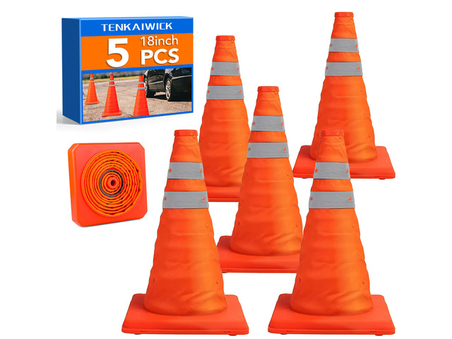 18 Inch 5 Pack Traffic Cones, Collapsible Safety Cones, Multi Purpose Pop-up Cones with Reflective Collar, Orange Cones for Parking lot, Driveway,...