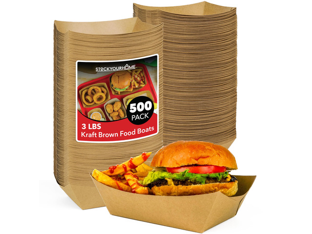 [500 Pack Extra Large Disposable Brown Kraft Paper Food Trays, 3-Lb Concession Tray, Serving Boats for Party Snacks, Taco Bar, Seafood, Nachos Plates