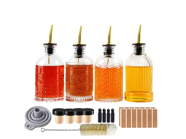 Syrup Dispenser Bottles Set, 4 Pack 7 OZ Bottles With Metal Pour Spout and Labels for Syrups, SC055 (4 Pack)