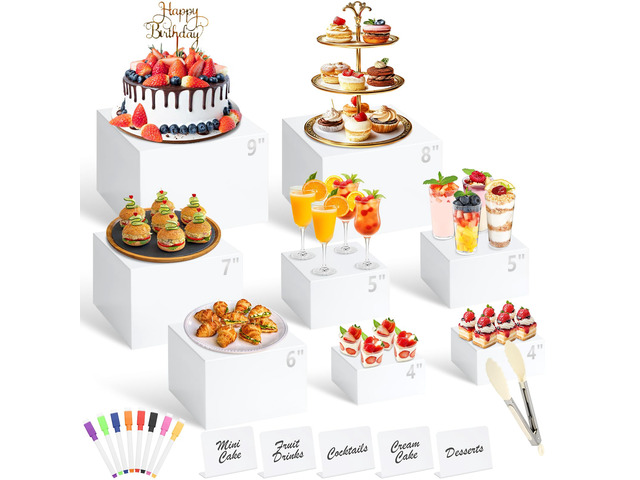 8 Pcs White Buffet Risers with Mini Table Sign, Serving Tongs, Acrylic Food Risers for Buffet Table Display Stand Shelf for Party Catering Dessert...