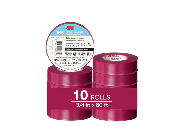 Temflex Vinyl Electrical Tape 165, 3/4 in x 60 ft, Purple, 10 Roll Pack Multi-Purpose, 19 mm x 18 m