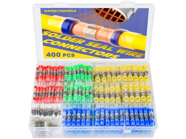 400PCS Solder Seal Wire Connectors Kit, 5 Colors/5 Sizes 26-10 AWG, Wire Gauge Markings, Clear Sleeves, Hot-Melt Adhesive Rings, Compartment...