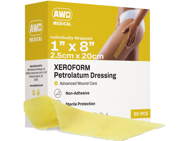 Xeroform Petrolatum Dressing, Non-Adherent, 1x8 in, 50 Count Sterile Fine Mesh Gauze Strips for Cuts, Sutures, Stitches and Fingertip Wounds;...