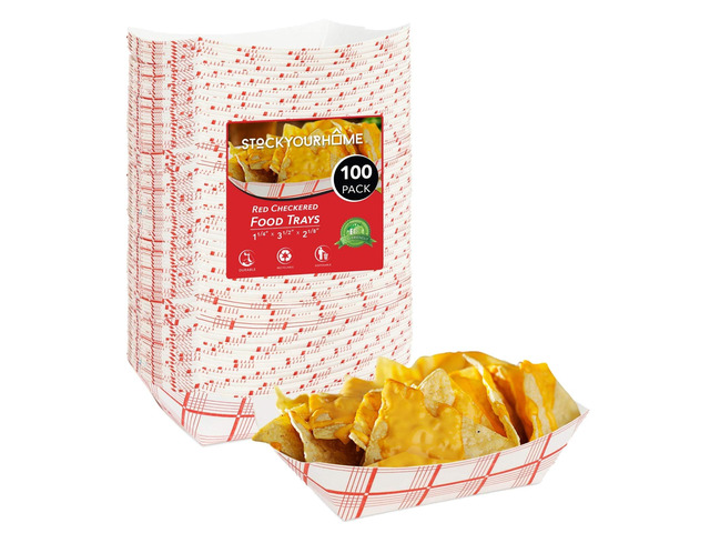 Extra Small Paper Food Boats (100 Pack) 0.5 lb Disposable Red & White Checkered Paper Trays, Eco-Friendly Serving Boats for Concession Food &...