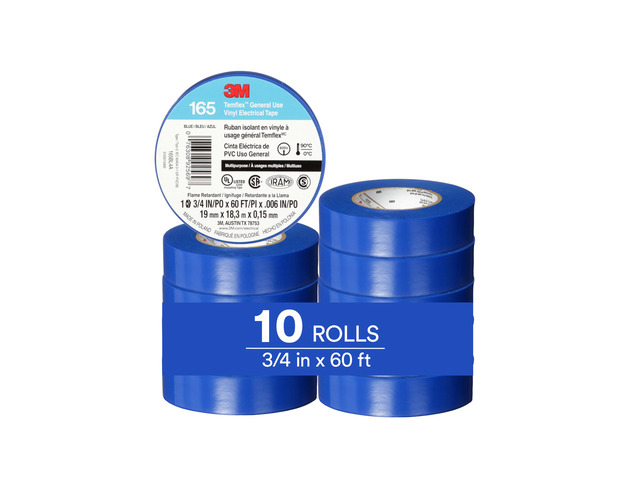 Temflex Vinyl Electrical Tape 165, 3/4 in x 60 ft, Blue, 10 Roll Pack Multi-Purpose, 19 mm x 18 m