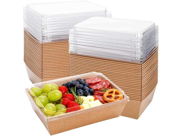 50 Pack Charcuterie Boxes with Clear Lids, 8.4'×5.7'×2.8' Paper Bakery Dessert Sandwich Box, Disposable Large Food Containers for Cookies, Donuts,...