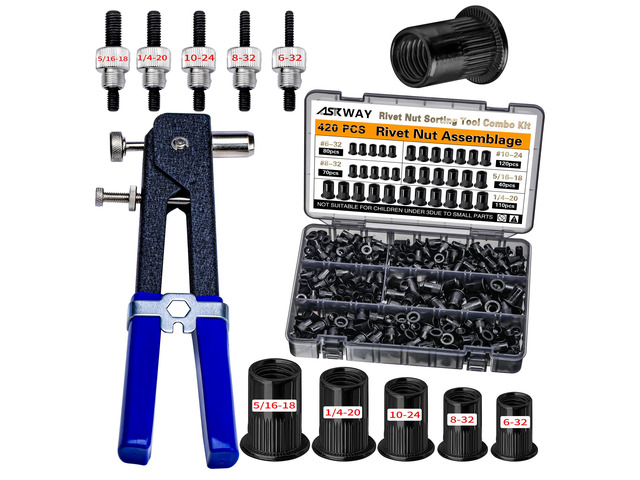 SAE Rivet Nut Tool Kit 420pcs Pressure Rivet Nut Tool Kit RIV Nut Black Zinc-Plated Carbon Steel Rivet Nut Assortment (5/16-18, 1/4-20, 10-24,...