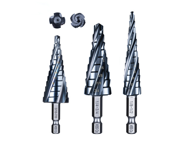 toolant M35 Cobalt Step Drill Bit Set, 3pcs, 1/8'-7/8', 1/4' Hex Shank M35 Cobalt HSS; TiAlN Coating; Four Spiral Flutes; 1/4' Hex Shank Unibit;...