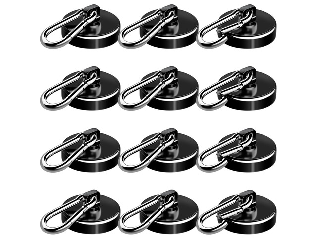 Carabiner Magnetic Hooks, 110LBS Strong Magnets, Black, 12 Pack Magnetic Hooks Heavy Duty with Swivel Carabiner Hook, Great for Hanging for Cruise,...