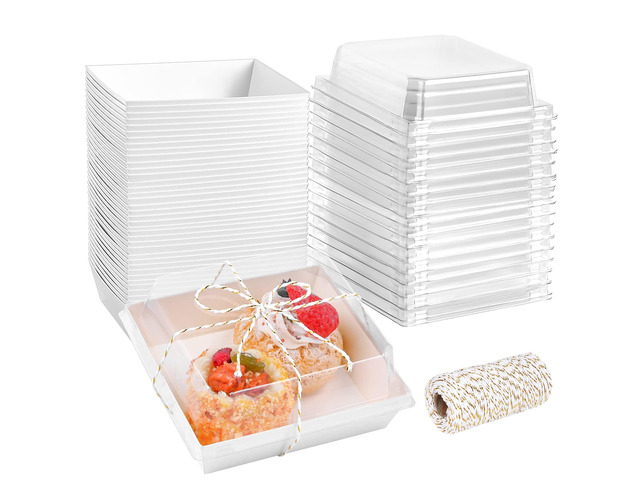 100 Pack 5 Inch Paper Charcuterie Boxes with Clear Lids, White Small, Square, To Go Food Containers, Bakery Boxes, For Mini Cake, Desserts,...