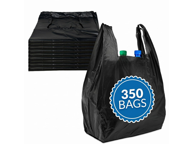 T-shirt Plastic Bags 350 Pack Black Plastic Bags with Handles (Plain) Ideal for Grocery, Shopping, Food Take Out/To Go, Small Business