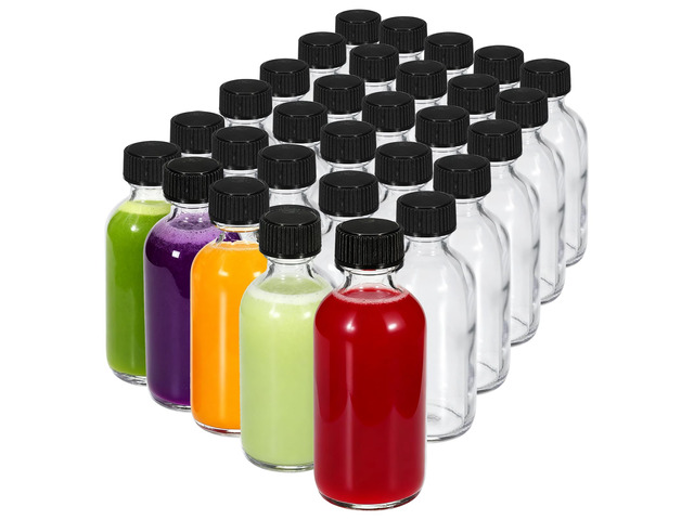 30-Pack 2 oz (60ml) Small Glass Boston Round Bottles with Lids Leak-Proof Mini Travel Containers for Ginger Shots, Juice, Whiskey, Vanilla Extract,...