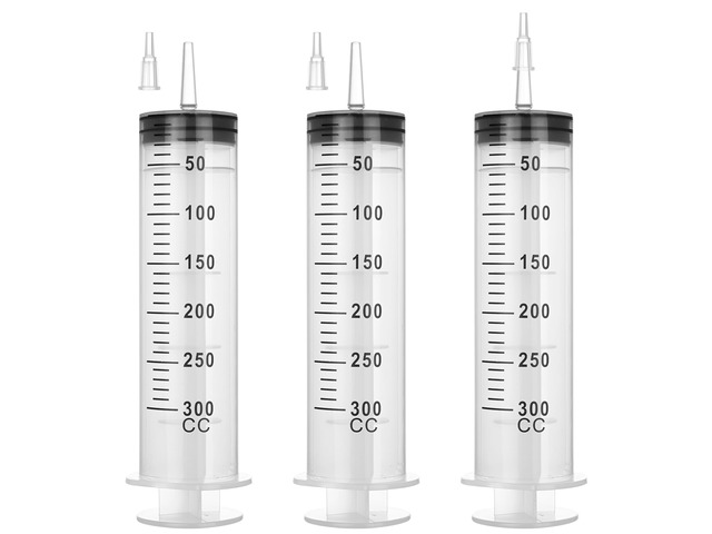 300mL Plastic Syringe for Liquid - 3 Pack Large Syringes with Adapter Individually Wrapped for Scientific Labs, Feeding, Oil Filling