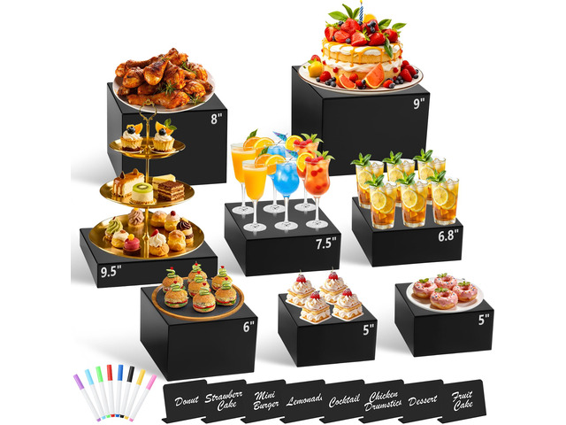 8Pcs Black Acrylic Buffet Risers with Mini Sign and Marker, Black Acrylic Risers for Party Catering Dessert Jewelry Collectibles with Hollow...