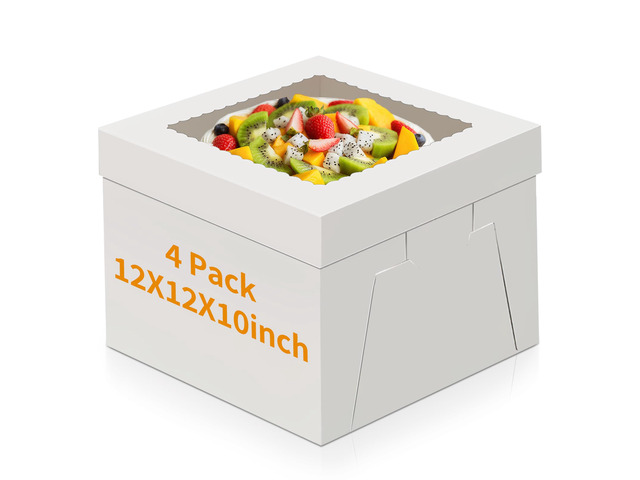 Cake Boxes 12 inch, Cake Carrier Holder, Storage Transport Container 12×12×10 in, 4 Pcs, Thick Cardboard, Tall and Large, with Clear Window, Easy...