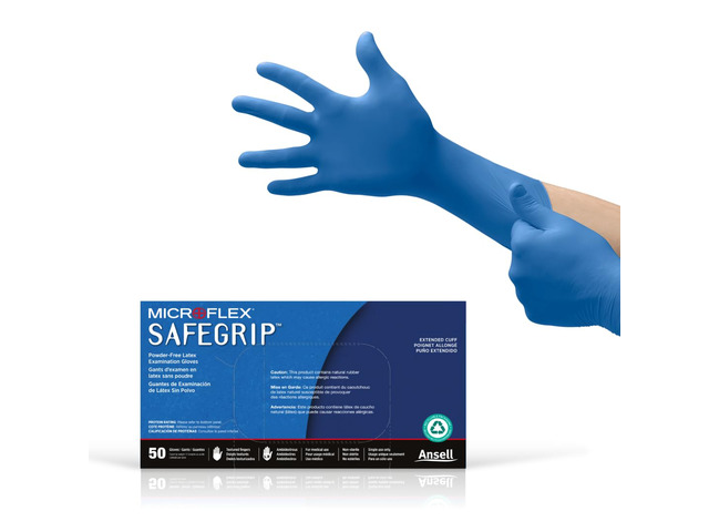 MICROFLEX SafeGrip SG-375 Extra Thick Disposable Latex Gloves for Life Sciences, Automotive w/Textured Fingertips - Small, Blue (Box of 50)