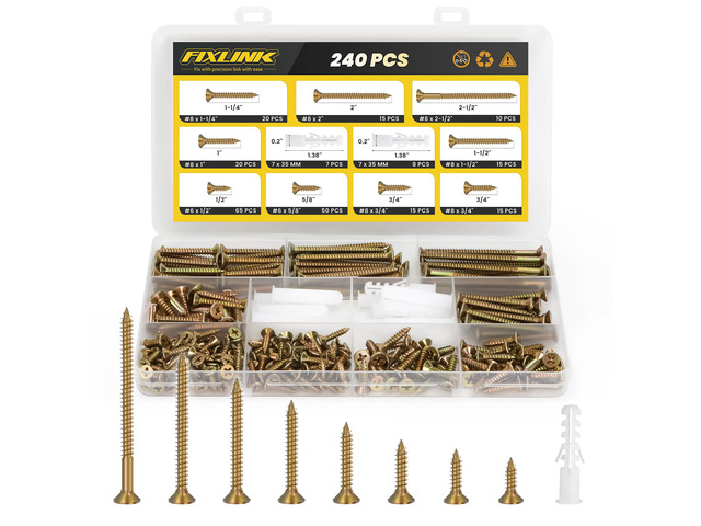 240PCS Wood Screws Assortment Kit, Zinc Coated Flat Head Screws Set Contains Anchors and 8 Sizes (2-1/2,2,1-1/2,1-1/4,1,3/4,5/8,1/2) High Hardness...